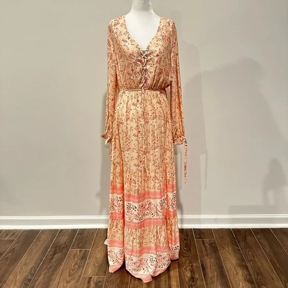 NWT Boho floral maxi dress vacation Euro Summer long sleeve - Picture 8 of 15